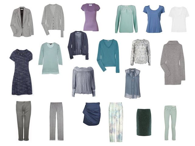 travel capsule wardrobe in blue, green and grey, based on the colors of an abalone shell