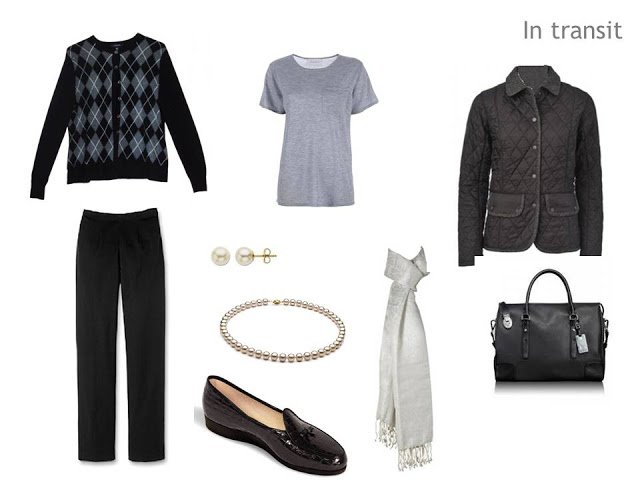 A simple travel outfit: black trousers, grey tee, argyle cardigan, and pearl jewelry