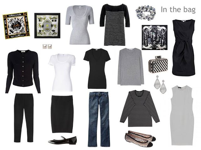 A Simple 12-Pack for Paris in Black, White and Grey, with flat shoes, Hermes scarves, and pearl jewelry