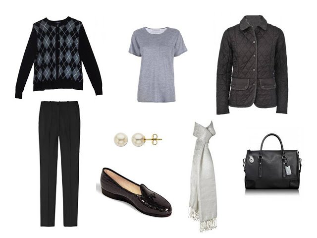 a travel outfit with a black argyle cardigan, grey tee, pearl earrings and a white scarf