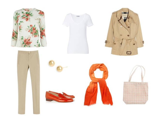 a travel outfit based on a cream and orange floral cardigan, with orange shoes and an orange scarf