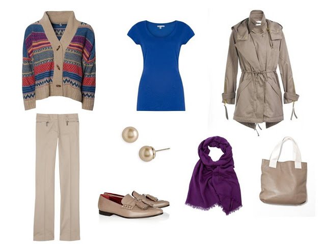 a travel outfit based on a Fair Isle cardigan in khaki and brights, with a blue tee and a purple scarf