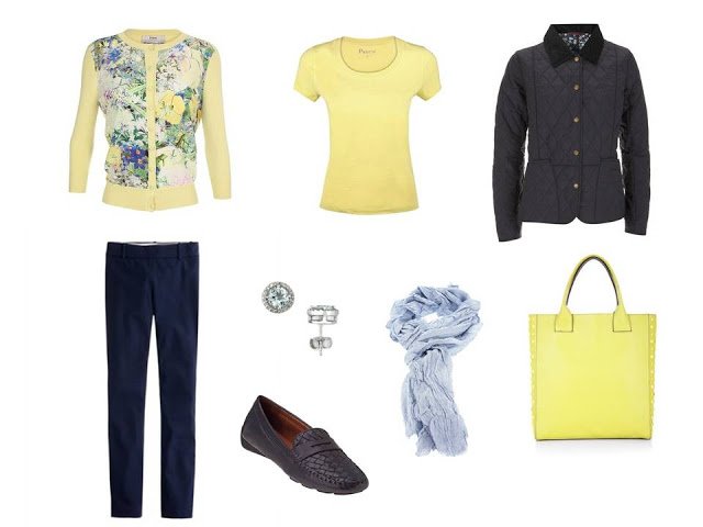 a travel outfit based on a yellow floral cardigan, with a yellow tee and tote, and light blue accessories