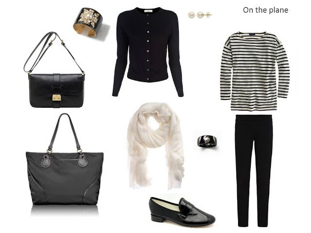 travel outfit with a black cardigan and pants, and a striped tee