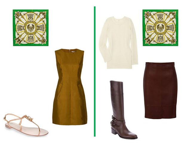 Two outfits - a dress, and a skirt and sweater - to wear with Hermes silk scarf Egypte in bright green