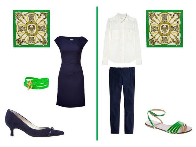 two outfits - a dress, and a blouse and pants - to wear with Hermes silk scarf Egypte in bright green