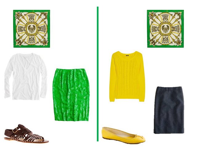 two outfits - a tee shirt and skirt, and a sweater and skirt - to wear with Hermes silk scarf Egypte in bright green