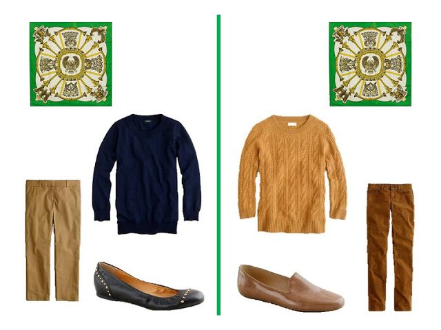 two outfits - sweaters and pants - to wear with Hermes silk scarf Egypte in bright green