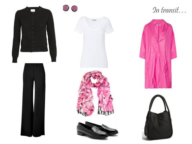 Travel outfit: a simple black cardigan and pants, with a white tee shirt, a PINK coat and wonderful scarf
