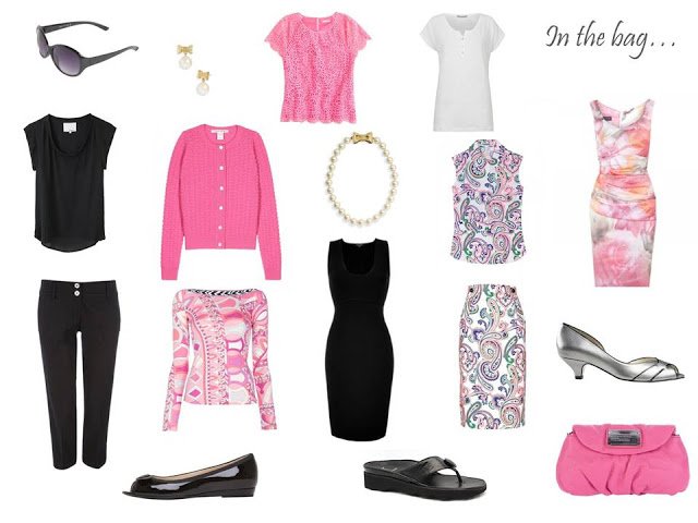 A 10 piece travel capsule wardrobe in pink, black and white, for a warm weather romantic vacation
