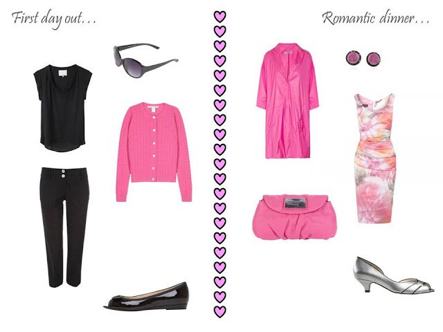 Two outfits from a 10 piece travel capsule wardrobe, for a romantic warm weather vacation