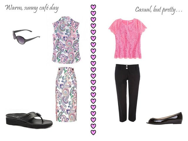 Two outfits from a 10 piece travel capsule wardrobe, for a romantic warm weather vacation