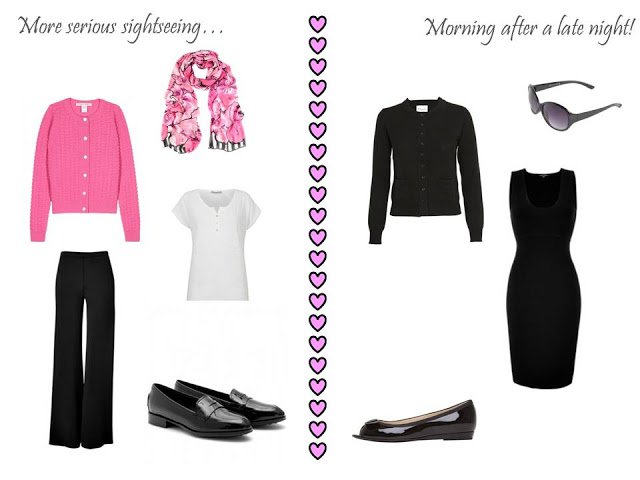 Two outfits from a 10 piece travel capsule wardrobe, for a romantic warm weather vacation