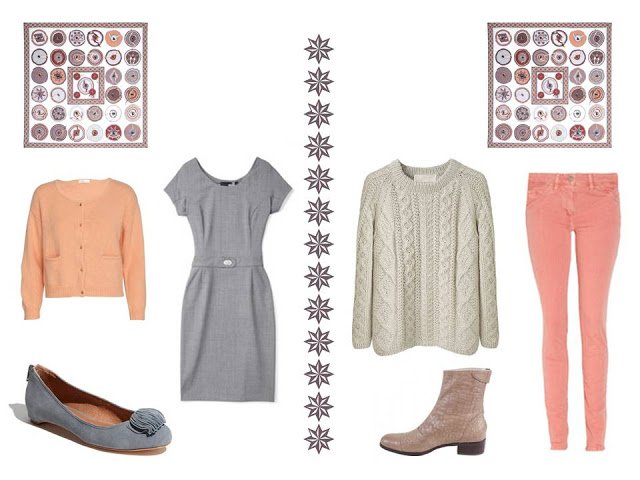 two outfits to wear with Hermes Belle du Mexique silk scarf: a dress, and a sweater with trousers