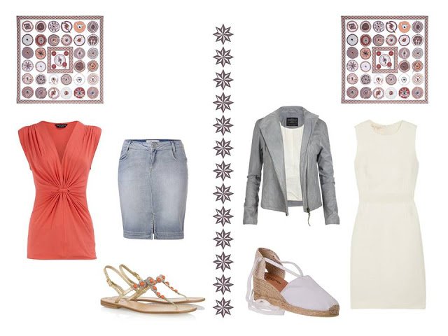 two outfits to wear with Hermes Belle du Mexique silk scarf: a top with denim skirt, and a dress and jacket