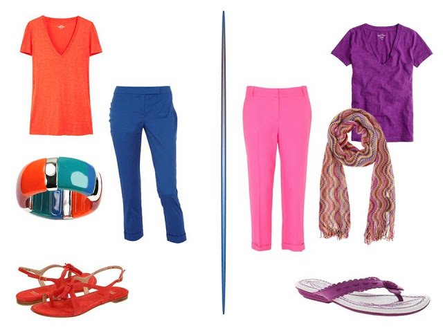 orange tee shirt with blue pants, and a purple tee with hot pink pants