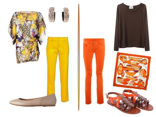 bright yellow pants, and bright orange pants paired with complementary tops and accessories