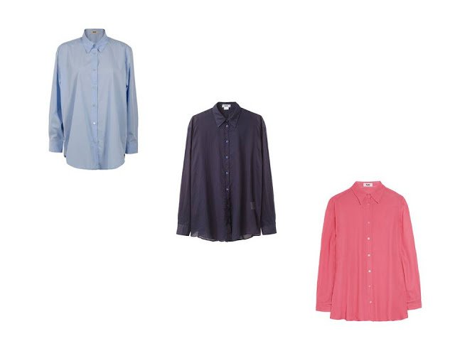 Three simple blouses in light blue, navy and coral