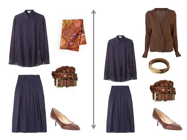 navy blouse with a matching navy skirt, brown accessories and a brown cardigan