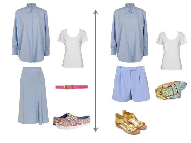 light blue blouse worn as a jacket over a white tee shirt with a light blue skirt, or a pair of light blue shorts