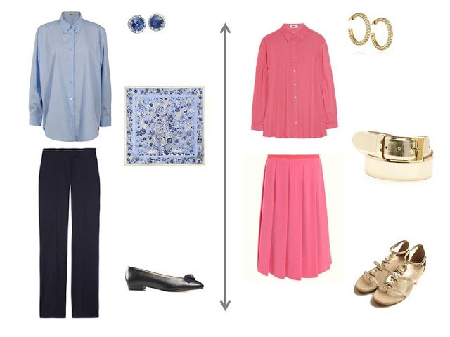 light blue shirt with navy trousers and a printed scarf; coral blouse and matching skirt with gold accessories