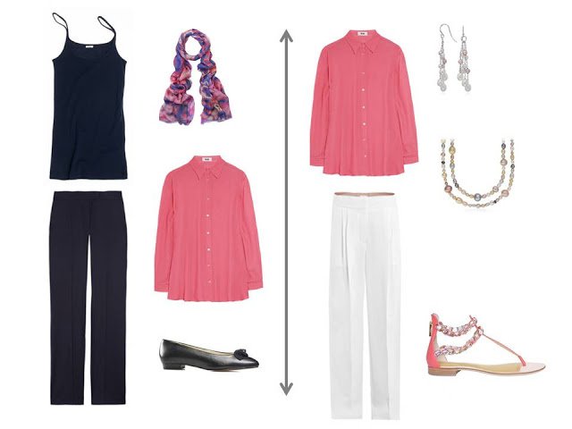 coral blouse worn as a jacket over a matching tank top and trousers; coral blouse with white trousers and pearl jewelry