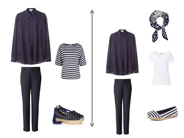 navy blouse worn as a jacket over a striped tee shirt, or a white tee shirt, with navy trousers