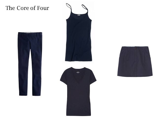 A Core of Four in navy: trousers, tee shirt, tank top and skirt