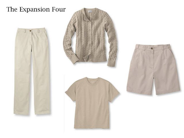 4 pieces of beige clothing, that give you 6 outfits