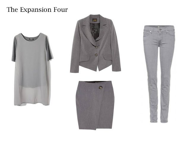 An Expansion Four in grey: sheer top, cropped jacket, wrap skirt and jeans