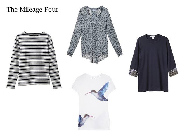 A Mileage Four in navy and grey: a striped top, floral blouse, bird-print tee, and navy tee