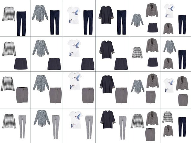 two dozen outfits available with the 12-piece Four by Four wardrobe in navy and grey