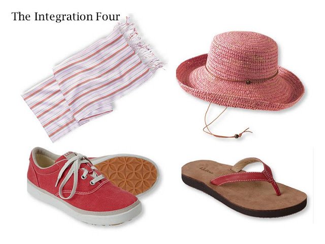 4 essential summer accessories - a light scarf, sun hat, canvas shoes, and sandals