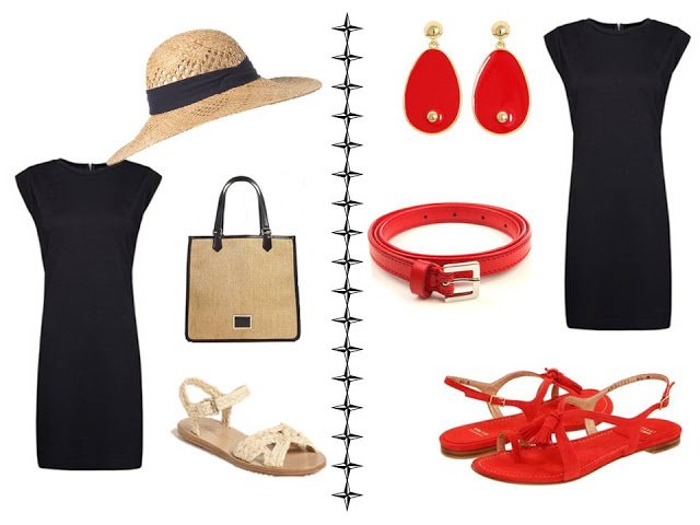 black dress worn with natural/straw accessories; black dress with red accessories