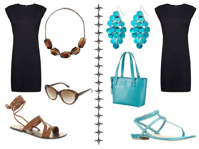 A simple black dress worn with brown accessories, and worn with turquoise/aqua accessories