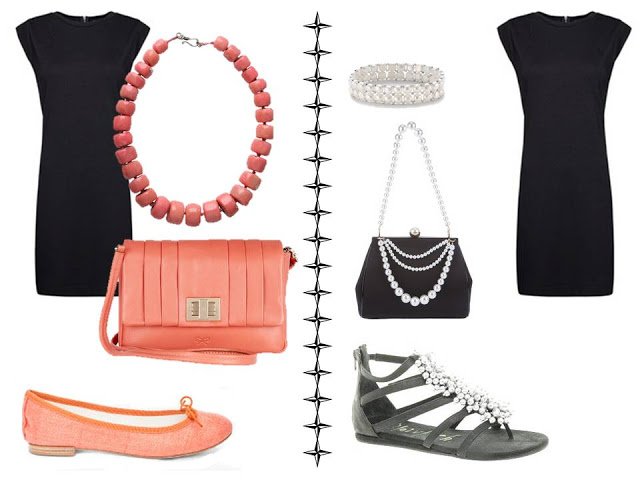 A simple black dress worn with coral accessories, and worn with black and pearl accessories
