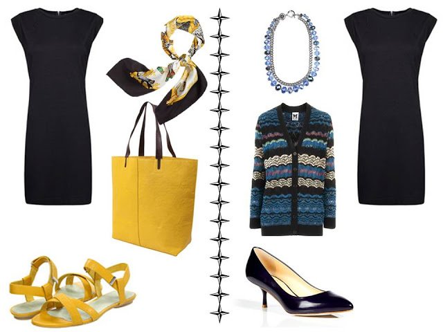 Simple black dress with an Hermes scarf an yellow accessories; and with a Missoni cardigan and blue accessories