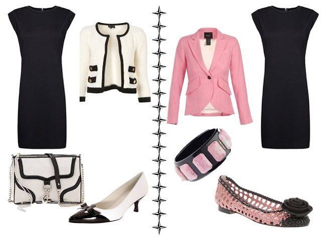 A simple black dress, worn with black and white accessories, and with pink and black accessories