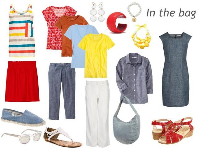 warm weather travel capsule wardrobe in denim and brights