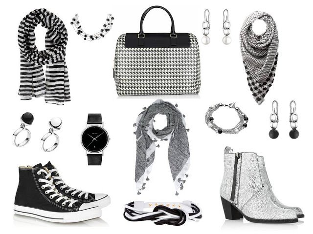 Black and white accessories - shoes, bag, jewelry and scarves - to wear with the original version of A Common Wardrobe.