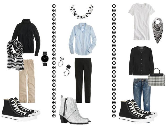 Three outfits from the original version of A Common Wardrobe, with black and white accessories.