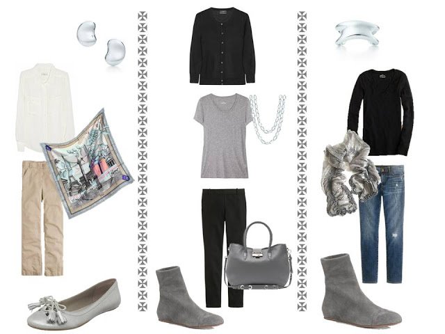 Three outfits from A Common Wardrobe, with silver accessories