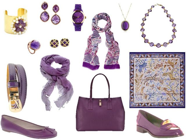 Purple accessories - shoes, belts, bags, scarves and jewelry - to wear with A Common Wardrobe.