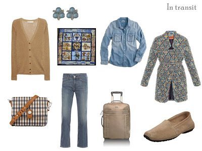 Travel outfit in denim and camel with Hermes scarf