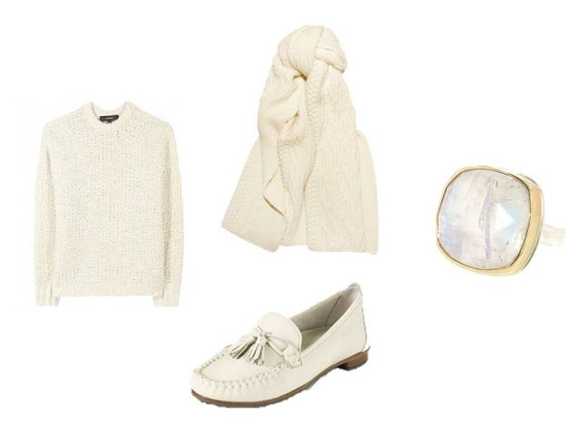 winter white wardrobe additions: scarf, sweater, loafers and a ring