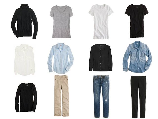 twelve-piece black, white, denim and khaki basic wardrobe, 12 piece basic neutral capsule wardrobe, Minimalist Wardrobe, common wardrobe, basic wardrobe, 12-piece wardrobe