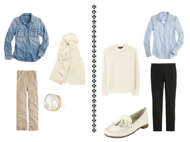2 outfits using winter white with a basic neutral wardrobe