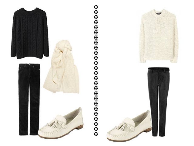 2 outfits from a core black wardrobe accented with winter white