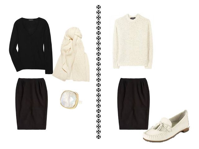 2 outfits from a core black wardrobe accented with winter white