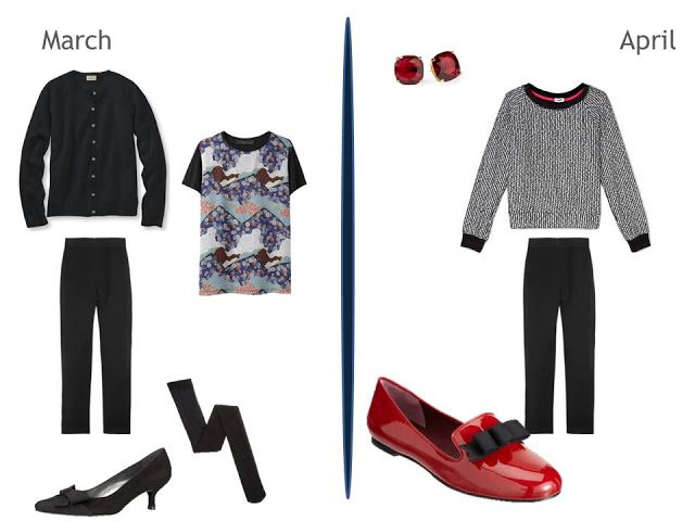 two cool weather outfits including black pants - one including a print tee, one with red accents